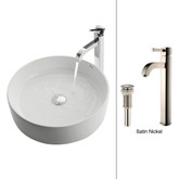 White Round Ceramic Sink and Ramus Faucet Satin Nickel