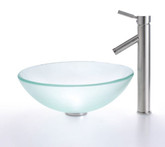 Frosted Glass Vessel Sink and Sheven Faucet Satin Nickel
