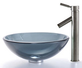 Clear Black Glass Vessel Sink and Sheven Faucet Satin Nickel