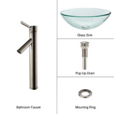 Clear Glass Vessel Sink and Sheven Faucet Satin Nickel