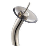 Single Lever Vessel Glass Waterfall Faucet Satin Nickel with Brown Clear Glass Disk and Matching Pop Up Drain