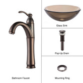 Clear Brown Glass Vessel Sink and Riviera Faucet Oil Rubbed Bronze