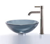 Clear Black Glass Vessel Sink and Ramus Faucet Satin Nickel