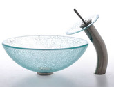 Mosaic Glass Vessel Sink and Waterfall Faucet Satin Nickel