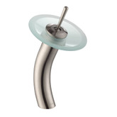 Single Lever Vessel Glass Waterfall Faucet Satin Nickel with Frosted Glass Disk and Matching Pop Up Drain