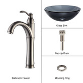 Clear Black Glass Vessel Sink and Riviera Faucet Satin Nickel