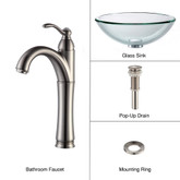 Clear 19mm thick Glass Vessel Sink and Riviera Faucet Satin Nickel