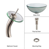 Clear 14 inch Glass Vessel Sink and Waterfall Faucet Satin Nickel