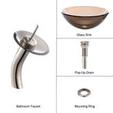 Clear Brown 14 inch Glass Vessel Sink and Waterfall Faucet Satin Nickel