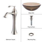 Clear Brown Glass Vessel Sink and Ventus Faucet Brushed Nickel