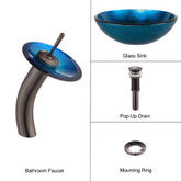 Irruption Blue Glass Vessel Sink and Waterfall Faucet Oil Rubbed Bronze
