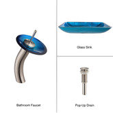 Irruption Blue Rectangular Glass Vessel Sink and Waterfall Faucet Satin Nickel