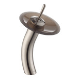 Single Lever Vessel Glass Waterfall Faucet Satin Nickel with Brown Frosted Glass Disk