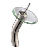 Single Lever Vessel Glass Waterfall Faucet Satin Nickel with Clear Glass Disk and Matching Pop Up Drain