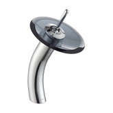 Single Lever Vessel Glass Waterfall Faucet Chrome with Black Clear Glass Disk and Matching Pop Up Drain