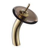 Single Lever Vessel Glass Waterfall Faucet Gold with Brown Clear Glass Disk and Matching Pop Up Drain