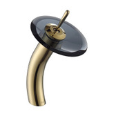 Single Lever Vessel Glass Waterfall Faucet Gold with Black Clear Glass Disk and Matching Pop Up Drain