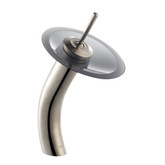 Single Lever Vessel Glass Waterfall Faucet Satin Nickel with Black Frosted Glass Disk and Matching Pop Up Drain