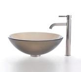 Frosted Brown Glass Vessel Sink and Ramus Faucet Satin Nickel