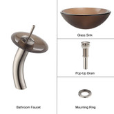 Frosted Brown Glass Vessel Sink and Waterfall Faucet Satin Nickel