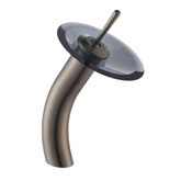 Single Lever Vessel Glass Waterfall Faucet Oil Rubbed Bronze with Black Clear Glass Disk and Matching Pop Up Drain