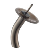Single Lever Vessel Glass Waterfall Faucet Oil Rubbed Bronze with Brown Frosted Glass Disk and Matching Pop Up Drain