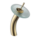 Single Lever Vessel Glass Waterfall Faucet Gold with Frosted Glass Disk and Matching Pop Up Drain