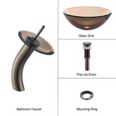 Clear Brown 14 inch Glass Vessel Sink and Waterfall Faucet Oil Rubbed Bronze
