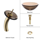Clear Brown 14 inch Glass Vessel Sink and Waterfall Faucet Gold