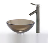 Clear Brown 14 inch Glass Vessel Sink and Sheven Faucet Satin Nickel