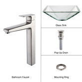 Clear Aquamarine Glass Vessel Sink and Virtus Faucet Brushed Nickel
