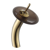 Single Lever Vessel Glass Waterfall Faucet Gold with Brown Frosted Glass Disk and Matching Pop Up Drain