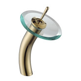 Single Lever Vessel Glass Waterfall Faucet Gold with Clear Glass Disk and Matching Pop Up Drain