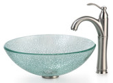 Mosaic Glass Vessel Sink and Riviera Faucet Satin Nickel