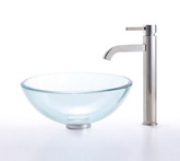 Clear 14 inch Glass Vessel Sink and Ramus Faucet Satin Nickel
