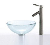 Clear 14 inch Glass Vessel Sink and Sheven Faucet Satin Nickel