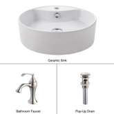 White Round Ceramic Sink and Ventus Basin Faucet Brushed Nickel