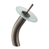 Single Lever Vessel Glass Waterfall Faucet Oil Rubbed Bronze with Frosted Glass Disk and Matching Pop Up Drain