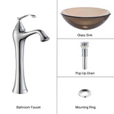 Clear Brown Glass Vessel Sink and Ventus Faucet Chrome