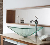 Clear Aquamarine Glass Vessel Sink and Ventus Faucet Chrome