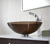 Clear Brown Glass Vessel Sink and Typhon Faucet Chrome