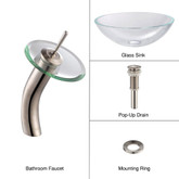 Crystal Clear Glass Vessel Sink and Waterfall Faucet Satin Nickel