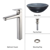 Clear Black Glass Vessel Sink and Virtus Faucet Brushed Nickel