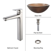 Frosted Brown Glass Vessel Sink and Virtus Faucet Brushed Nickel
