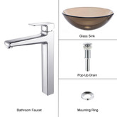 Clear Brown Glass Vessel Sink and Virtus Faucet Chrome