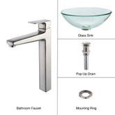 Clear Glass Vessel Sink and Virtus Faucet Brushed Nickel