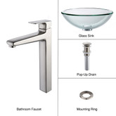Clear 19mm Thick Glass Vessel Sink and Virtus Faucet Brushed Nickel