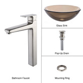 Clear Brown Glass Vessel Sink and Virtus Faucet Brushed Nickel