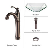 Clear Aquamarine Glass Vessel Sink and Riviera Faucet Oil Rubbed Bronze