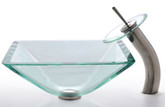 Clear Aquamarine Glass Vessel Sink and Waterfall Faucet Satin Nickel